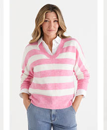 Brushed Pink Stripe V Neck Jumper