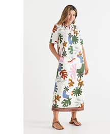 Linen Blend Sun Border Column Midi Skirt