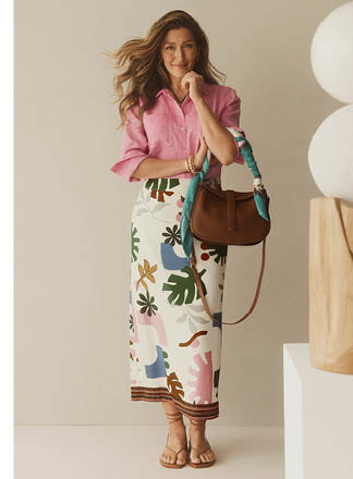 Linen Blend Sun Border Column Midi Skirt