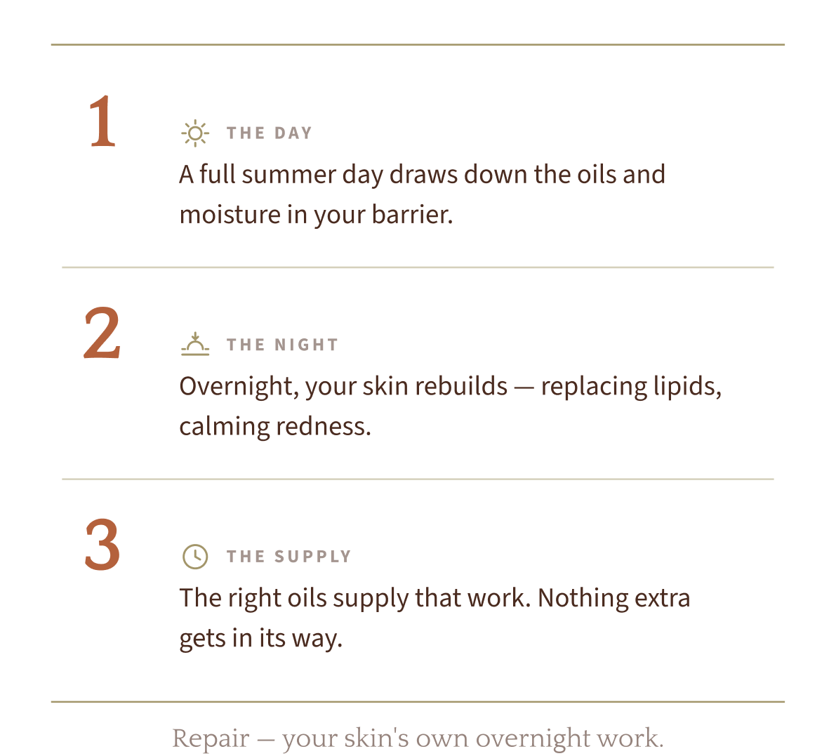 1. The day — a full summer day draws down the oils and moisture in your barrier. 2. The night — overnight, your skin rebuilds and repairs.