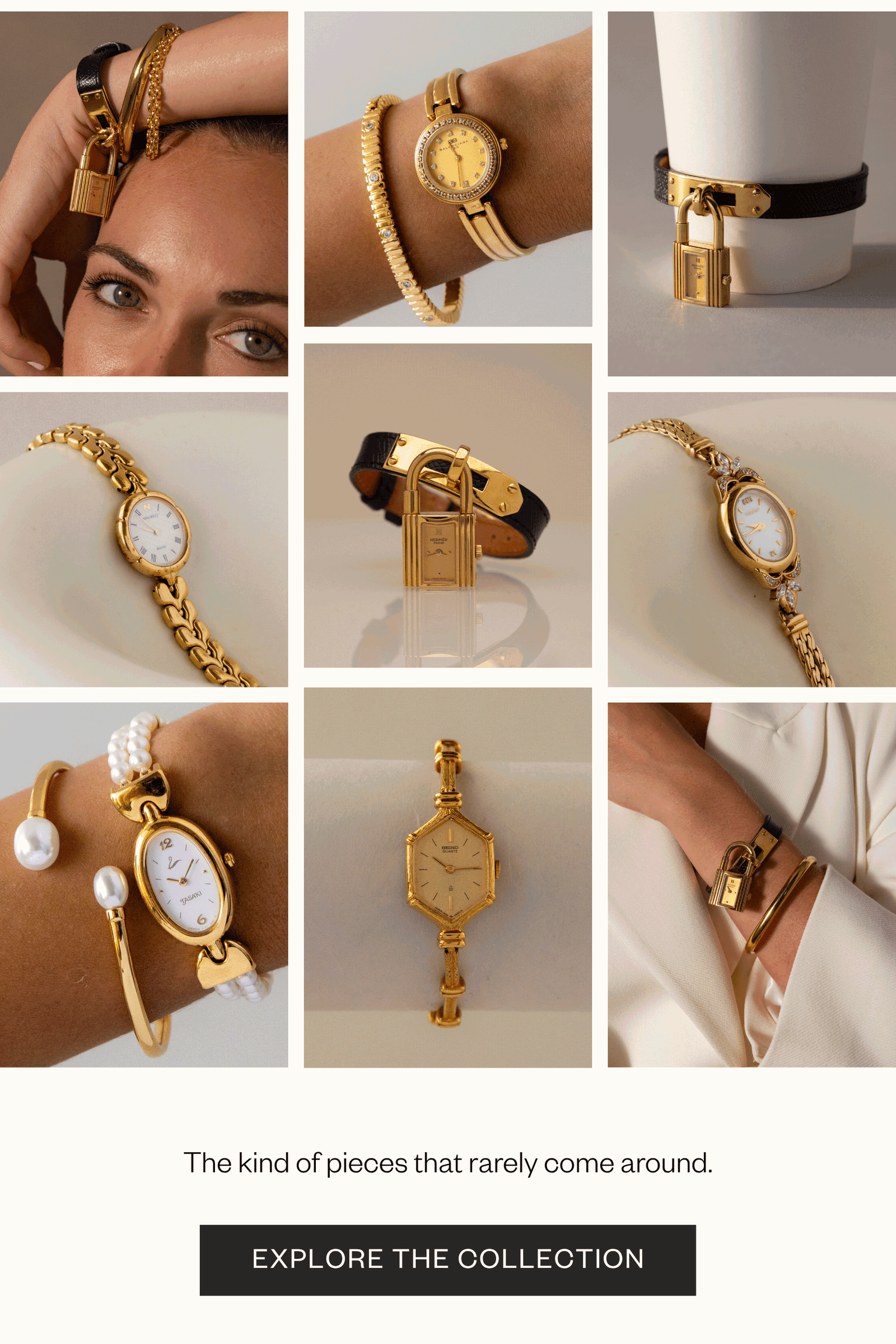 Curated selection of vintage watches and accessories, including gold bracelet watches, leather strap styles, and a rare Hermès padlock watch styled for everyday wear.