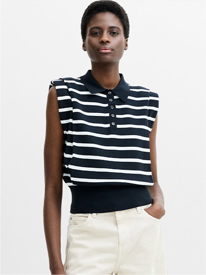 Kea Striped Collared Shoulder Pad Navy Blue Knit Vest