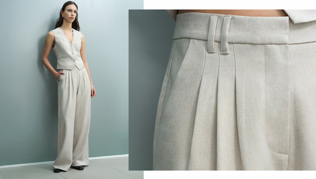 Misha Tailored Pleated Beige Wide Leg Trousers