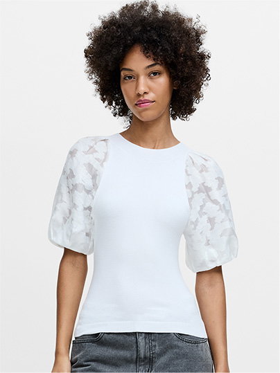 Krista White Sheer Jacquard Puff Sleeve Knit Top