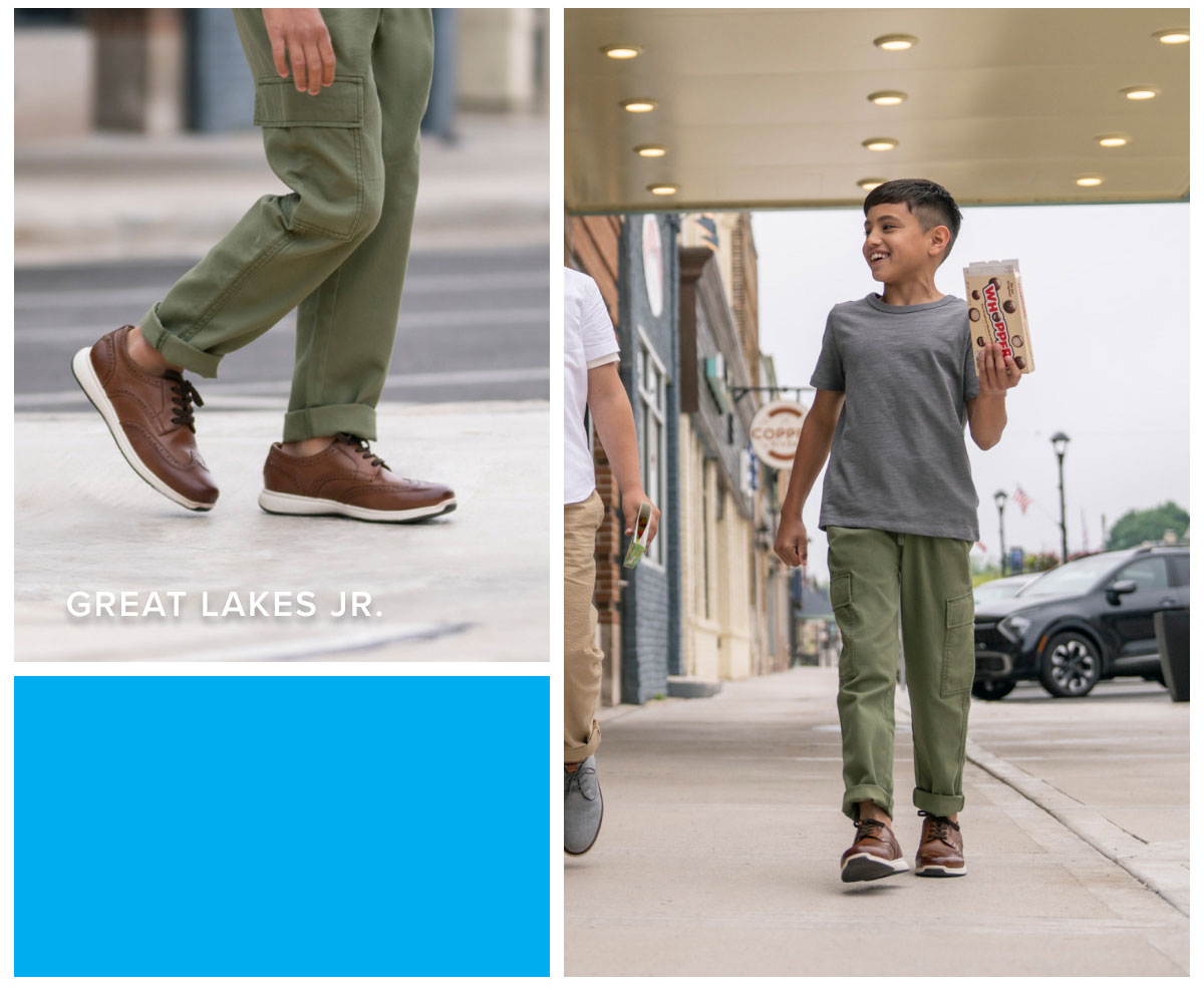 A young boy walks outside wearing his pair of cognac Great Lakes Jr.