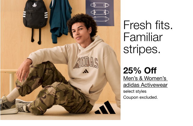 Fresh fits. Familiar stripes. | 25% Off Men's & Women's adidas Activewear | select styles | Coupon excluded.