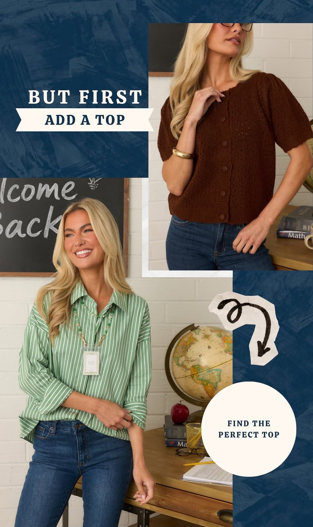 "But first, add a top. Find the perfect top."