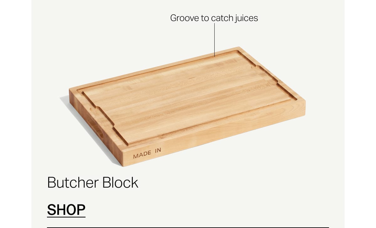 Butcher Block. Caption: groove to catch juices. Shop