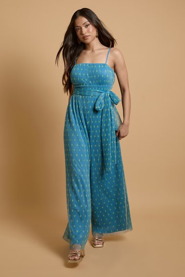 Petite Corset Detail Pleated Mesh Jumpsuit