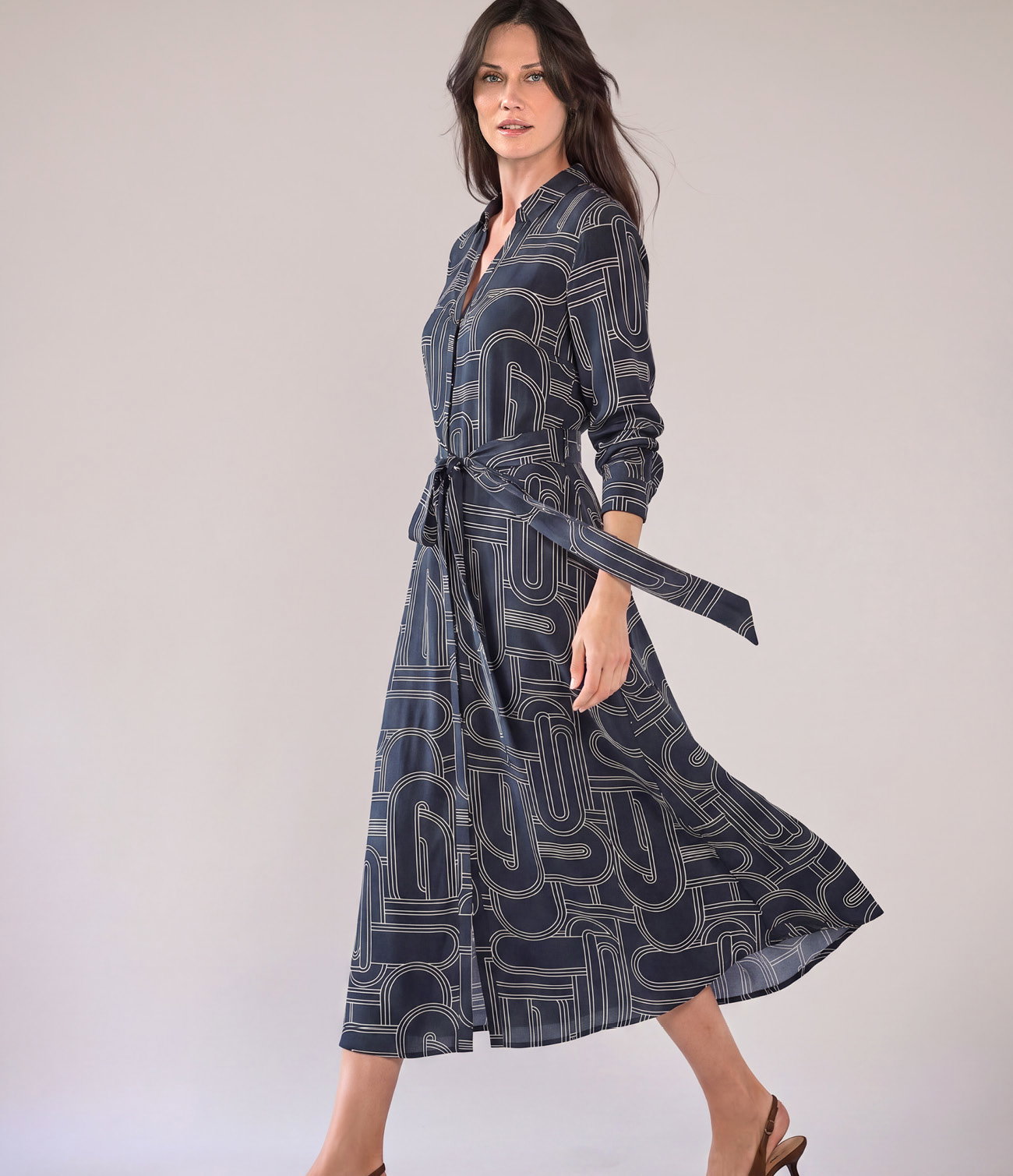 Linear Geo Silk Shirt Dress