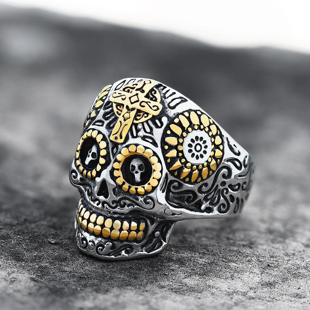 Image of Vintage Cross Stainless Steel Sugar Skull Ring