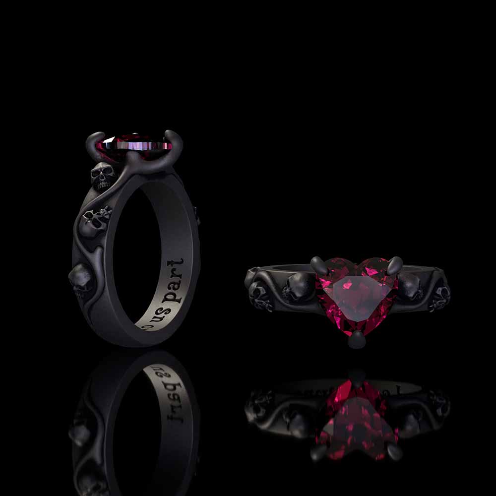 Image of Till Death Do Us Part Heart Gem Sterling Silver Skull Ring