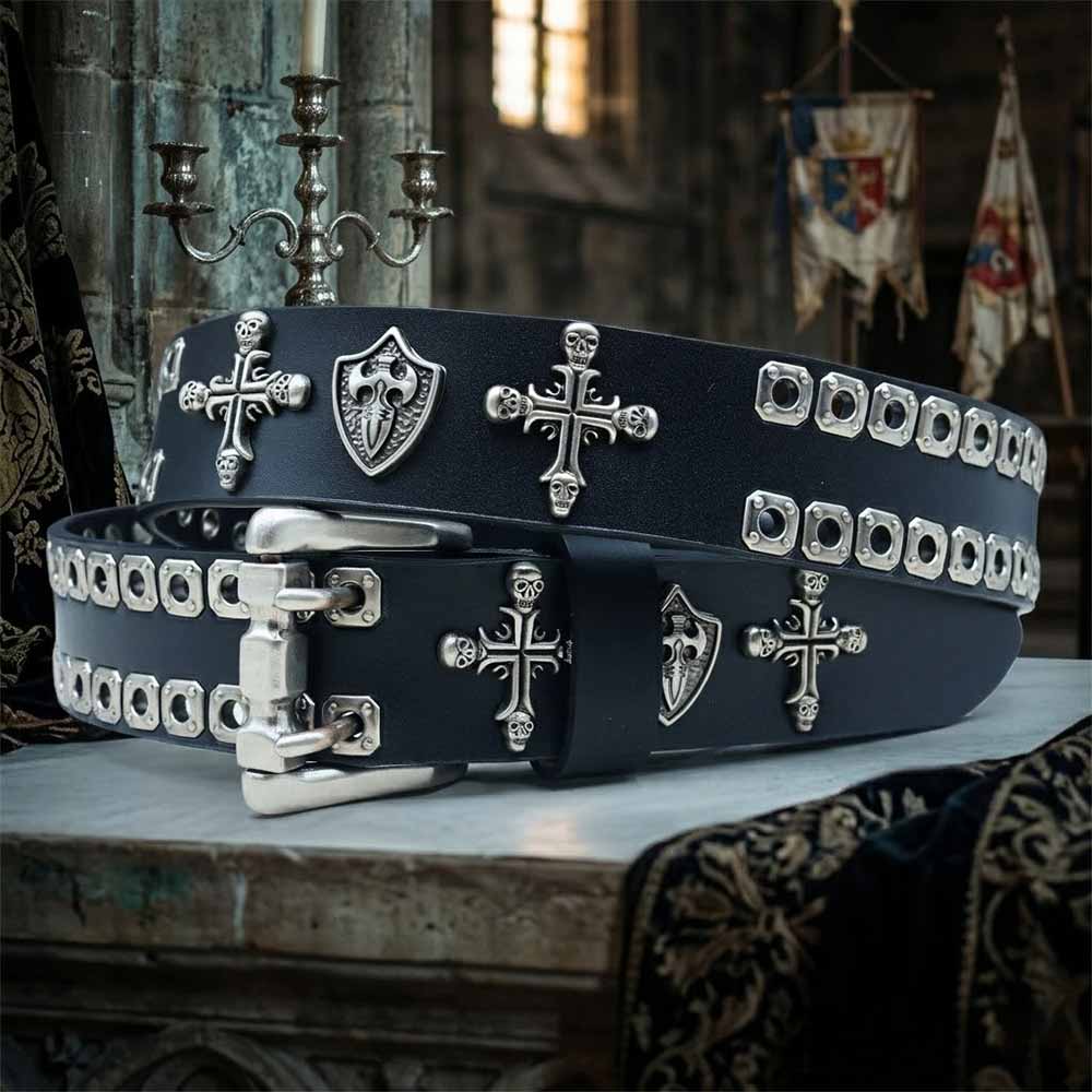 Image of Punk Cross Skull Shield Cutout Rivet Genuine Leather Belt