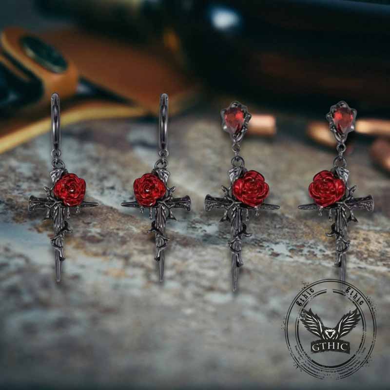 Image of Dark Gothic Thorn Rose Cross Zinc Alloy Earrings