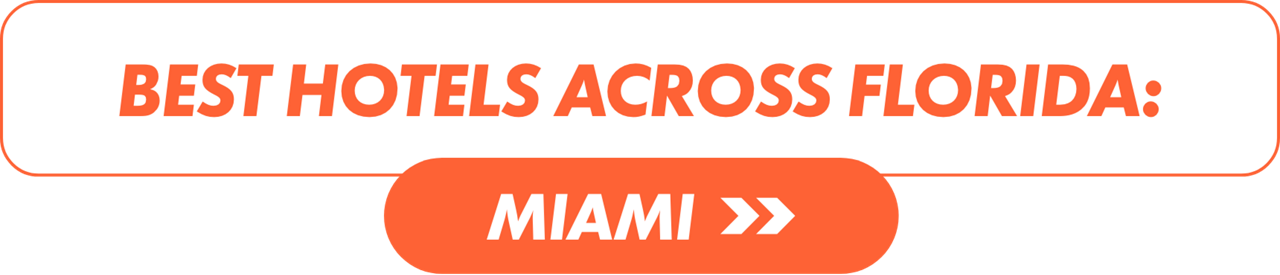 Rectangular web banner with bold orange and white text promoting the best hotels across Florida, focusing on Miami.