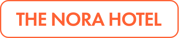 Rectangular graphic featuring the text THE NORA HOTEL in bold orange letters.