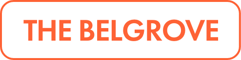 Rectangular badge featuring the text "THE BELGROVE" in bold orange lettering on a white background.
