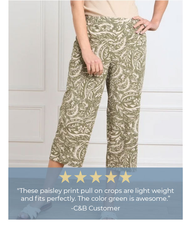 Paisley Print Straight Leg Pull-On Cropped Pant