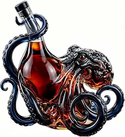Rum Edition Glass 3D Octopus Bottle 3D Sculpted Octopus Collectors Edition Bottle Deep Sea Nautical Art Glass Decanter Aesthetic Decor Display Holder