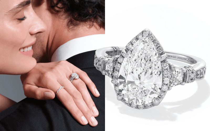 A pear shaped halo diamond ring beside a model wearing a matching diamond ring.