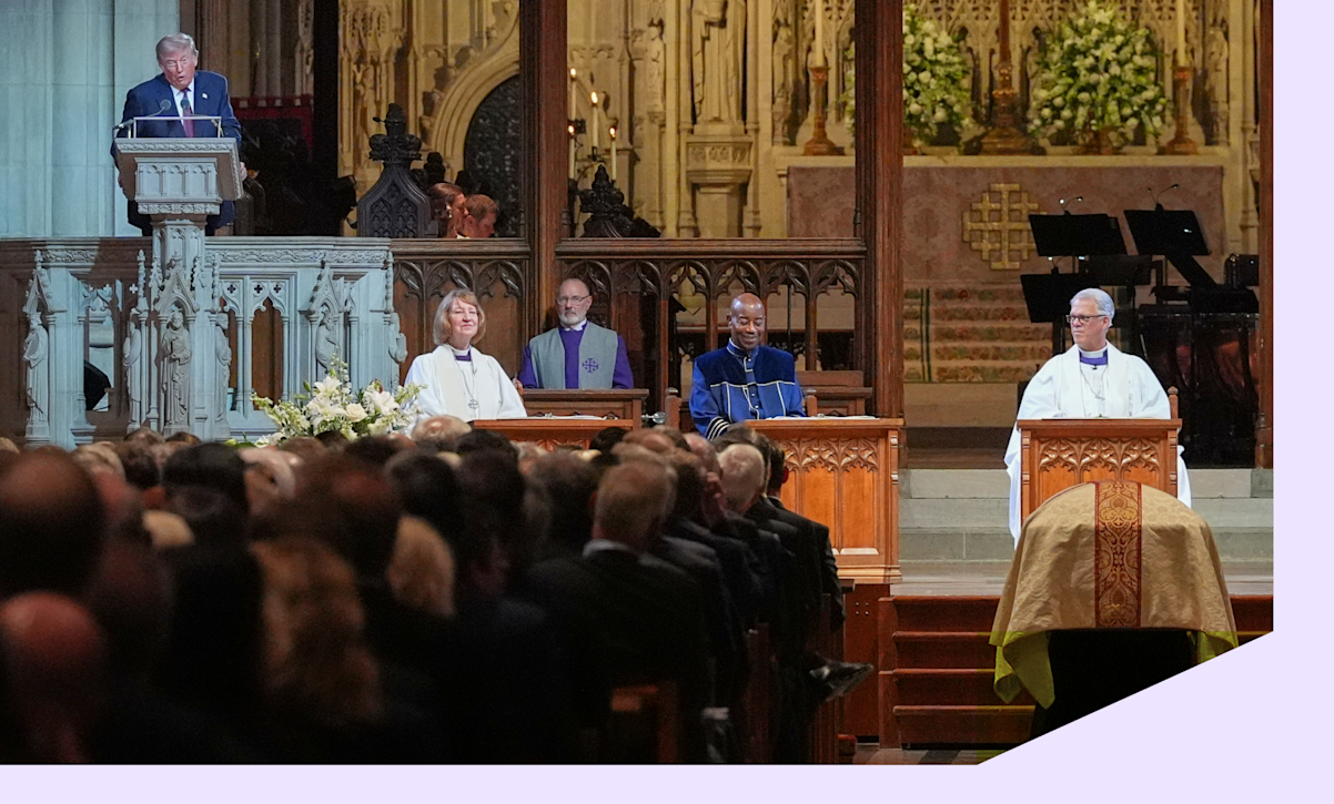 US President Donald Trump speaks during the funeral service of late Republican Senator Lindsey Graham at the Washington National Cathedral in Washington, DC, US, on Tuesday, July 28, 2026.