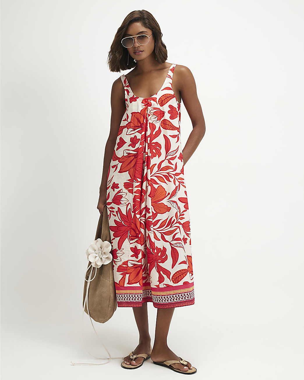 Womens Red Floral Midi Dress