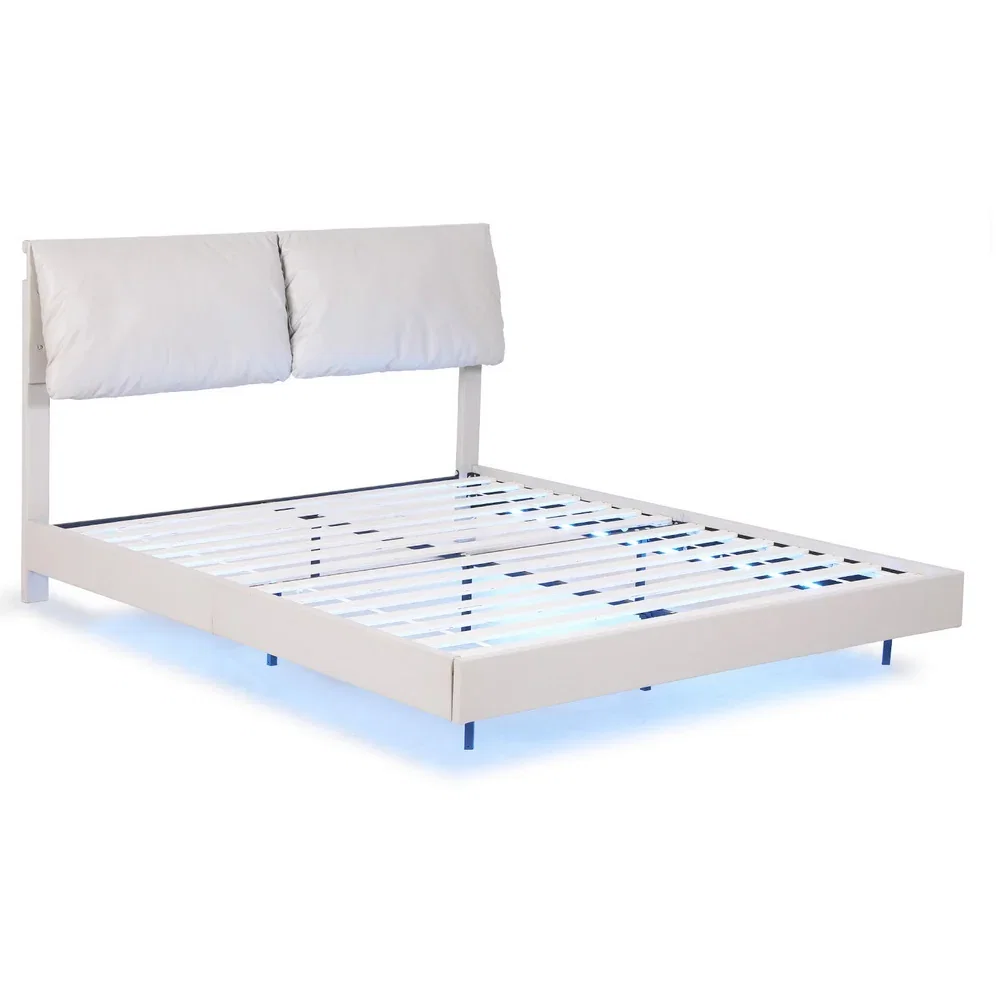 Double Bed Frame RGB LED Floating Beds Adjustable Headboard Beige White