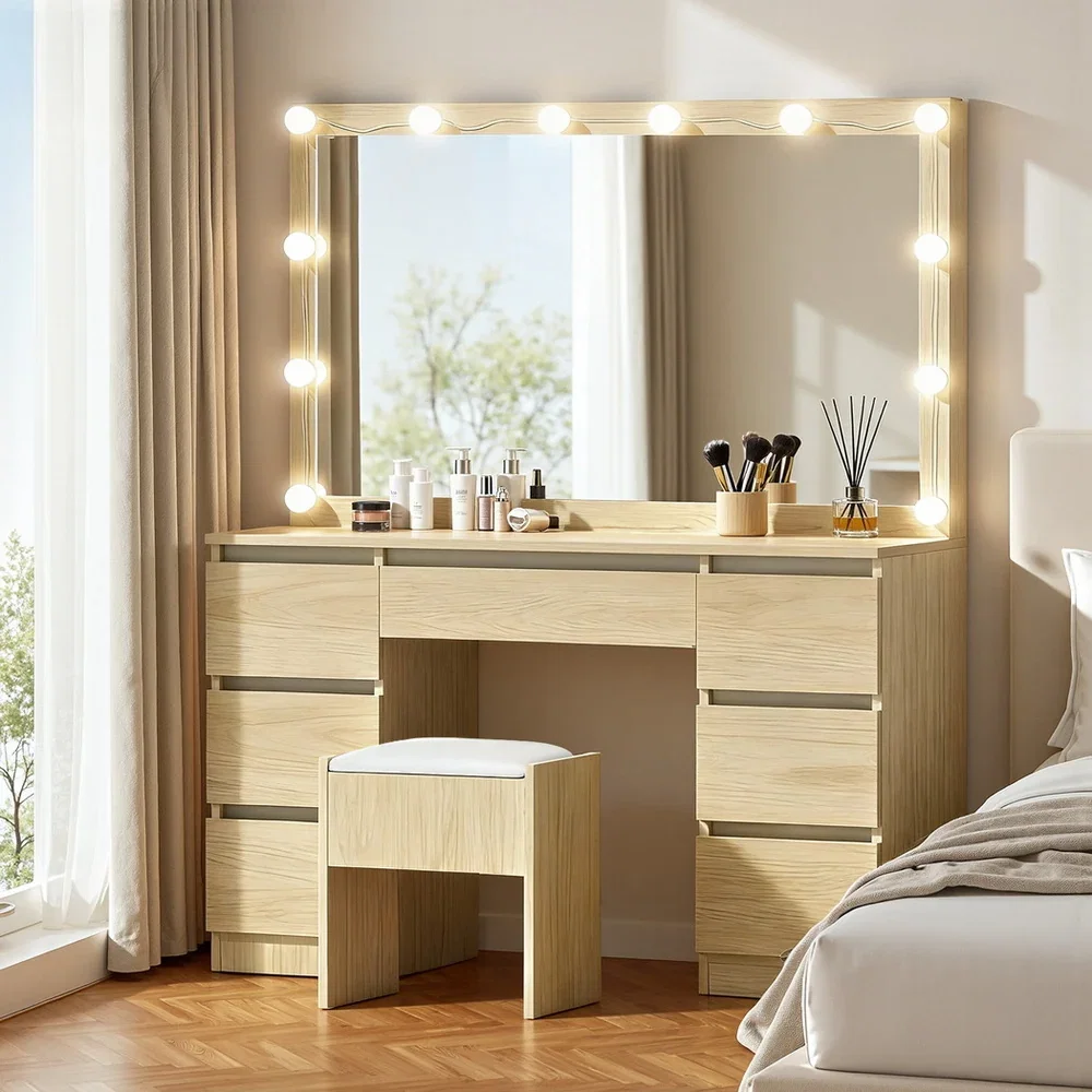 Dressing Table Vanity Desk Set Stool 12 Led Bulbs Wood
