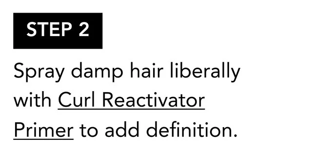 STEP 2 | Spray damp hair liberally with Curl Reactivator Primer to add definition. STEP 2 | Spray damp hair liberally with Curl Reactivator Primer to add definition.