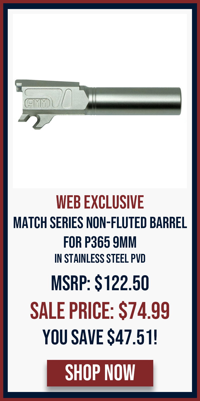 WEBSITE EXCLUSIVE: FAXON MATCH SERIES NON-FLUTED BARREL FOR P365 9MM - STAINLESS STEEL PVD