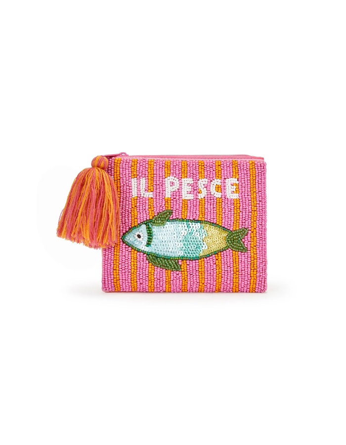 Perlenbesticktes Täschchen „Il Pesce“ – Pink & Orange mit Quaste