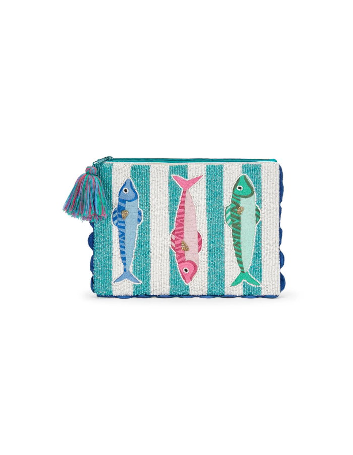 Perlenbestickte Clutch Fish Parade“ – Türkis & Weiß mit Quaste