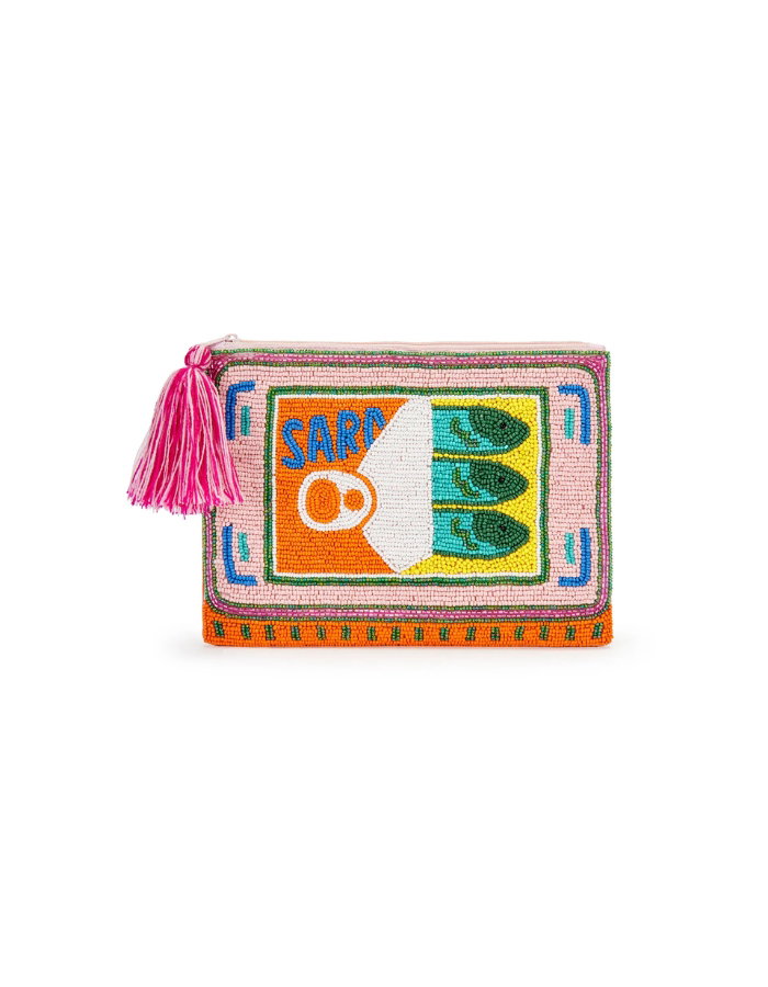 Perlenbestickte Clutch „Sardine Tin“ – Rosa mit Quaste