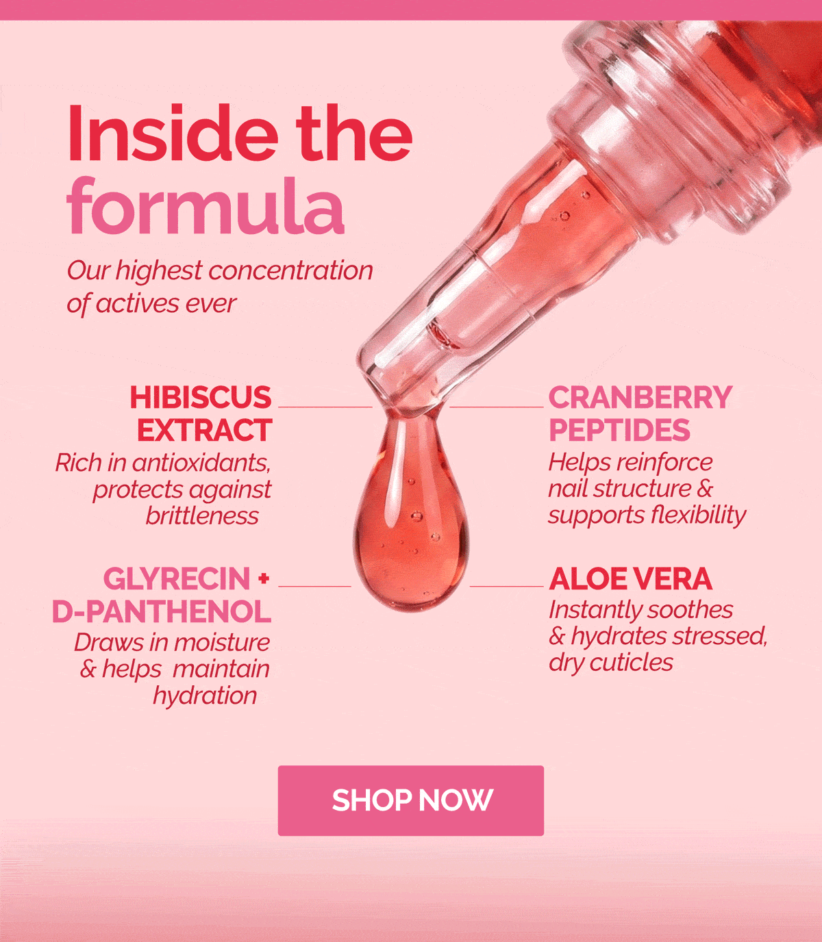 Our Peptide Serum Concentrate features hibiscus extract, cranberry peptides, aloe vera, and glyrecin + d-panthenol.