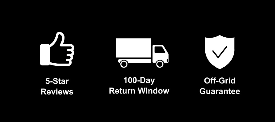 5-Star Reviews - 100-Day Return Window - Off-Grid Gaurantee