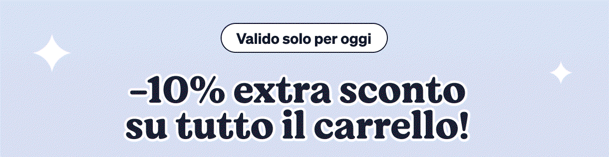 Promotional banner: 10% extra discount on your entire cart, valid today only; purple header with decorative stars