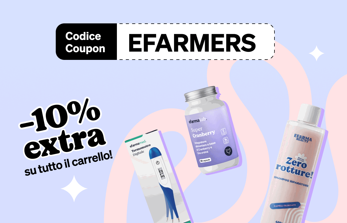 Promotional banner with coupon code EFARMERS offering -10% extra on cart, showing supplement bottles and a digital thermometer