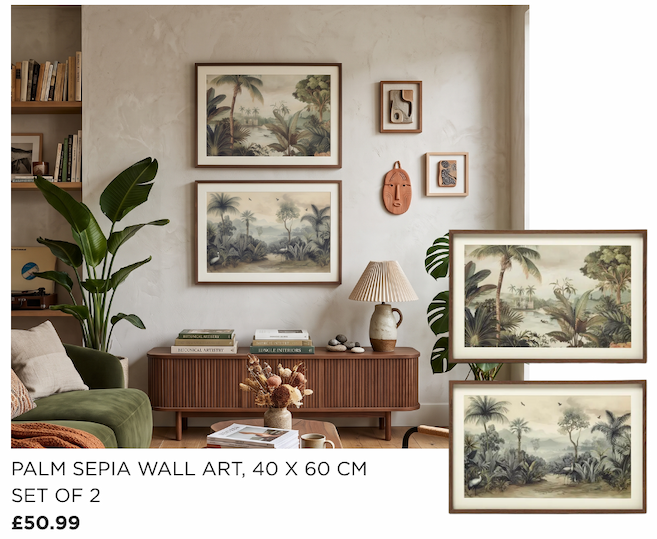 This coordinated pair of generously sized 40 x 60cm framed prints features an exquisite tropical scenery design, beautifully rendered in a highly sophisticated sepia tone.