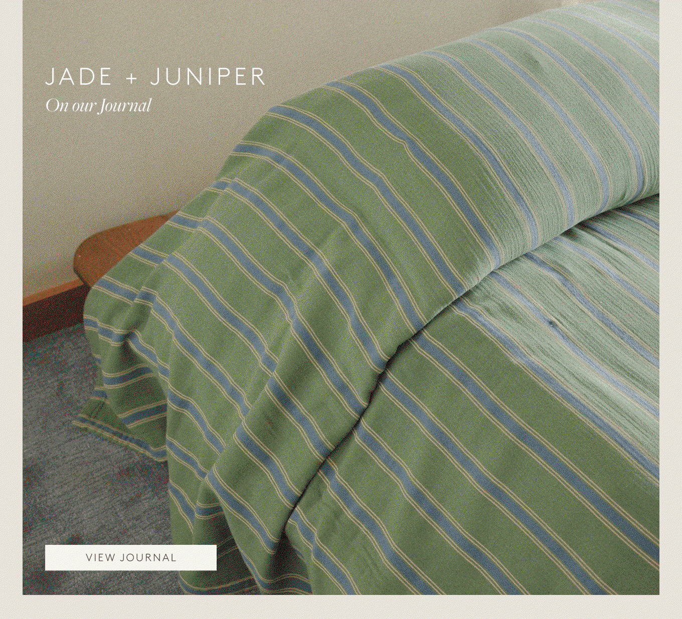 Carousel of jade and juniper bedding in different minimalist bedroom settings.