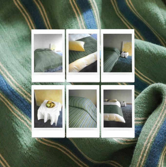 Close up of a green and blue striped fabric overlaid with a grid of polaroids of the green fabric.