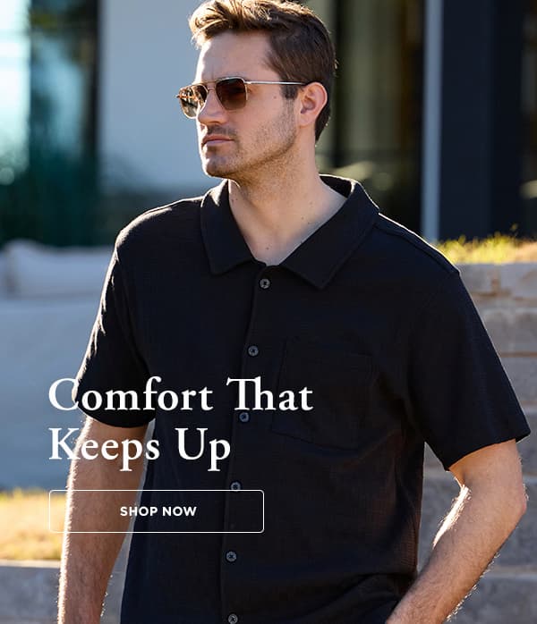 Man poses in a Haggar outfit, headline says, "Comfort That Keeps Up".