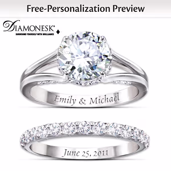 Platinum-plated sterling silver engagement ring and wedding band with over 4 carats of Diamonesk® stones