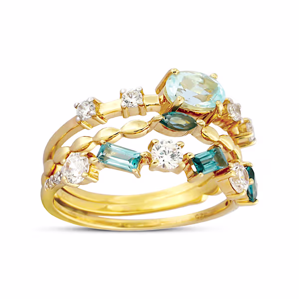 18K gold-plated solid sterling silver stacking rings feature over 1.75 carats of London blue, sky blue and white topaz