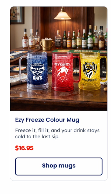 A range of AFL EZY Freeze Mugs sitting on a table in a bar