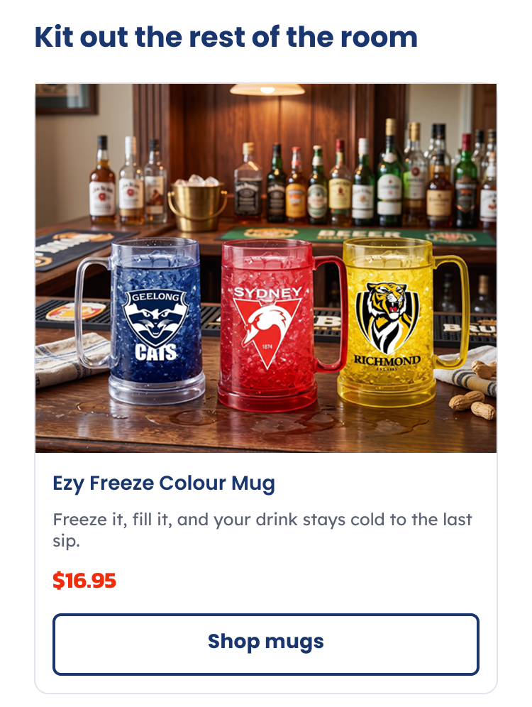 A range of AFL EZY Freeze Mugs sitting on a table in a bar