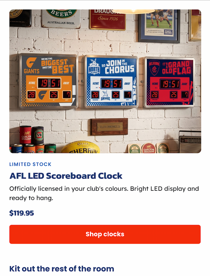 A range of AFL LED Scoreboard Clocks sitting on a wall