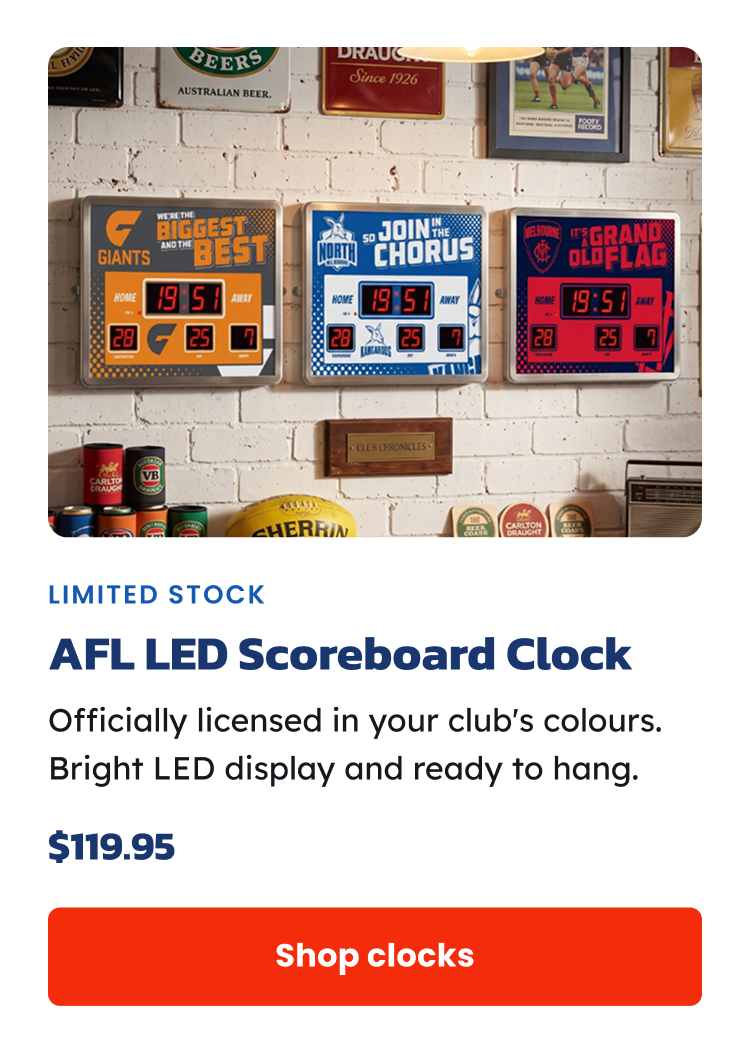 A range of AFL LED Scoreboard Clocks sitting on a wall