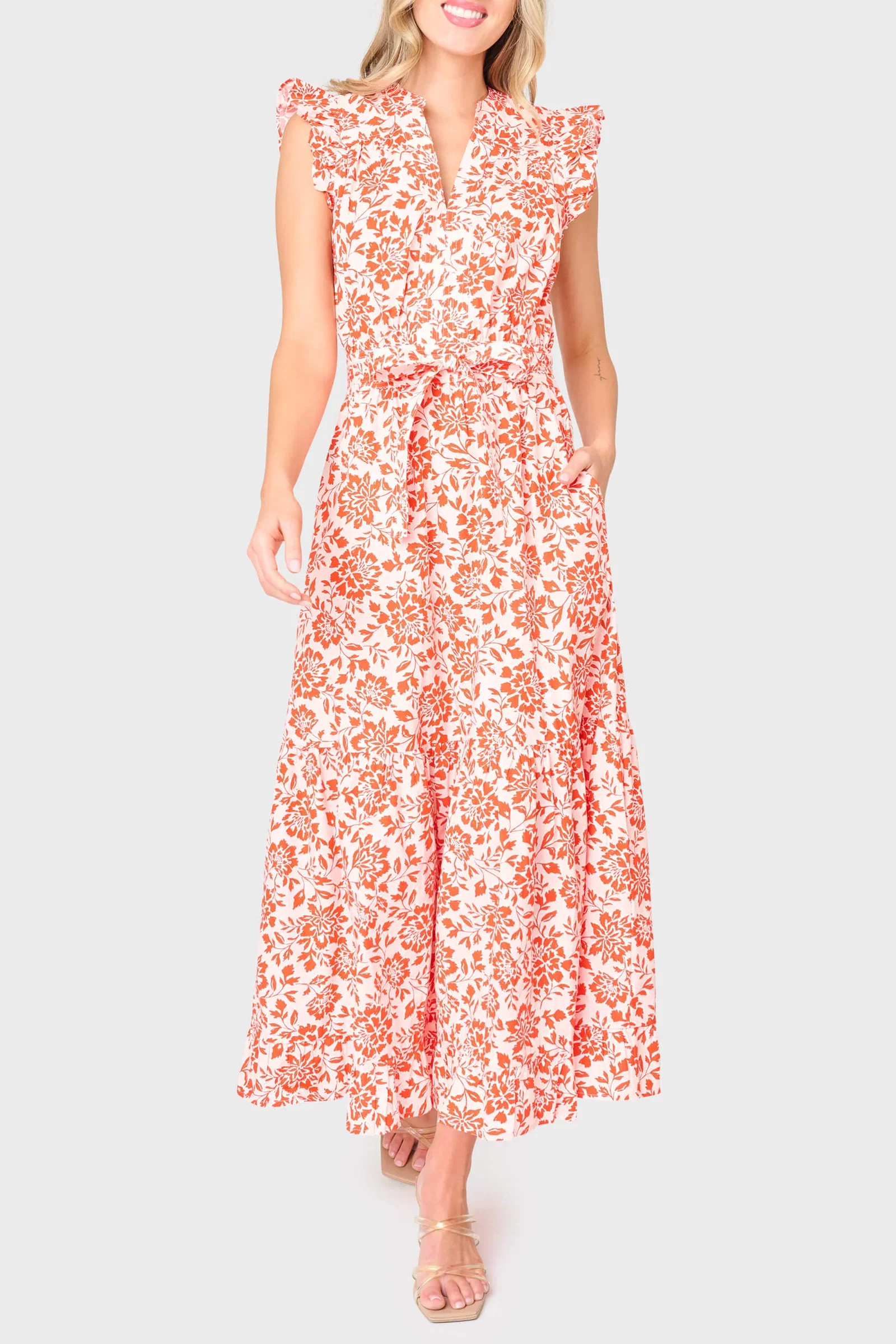 Image of Notch Neck Flutter Sleeve Maxi Dress