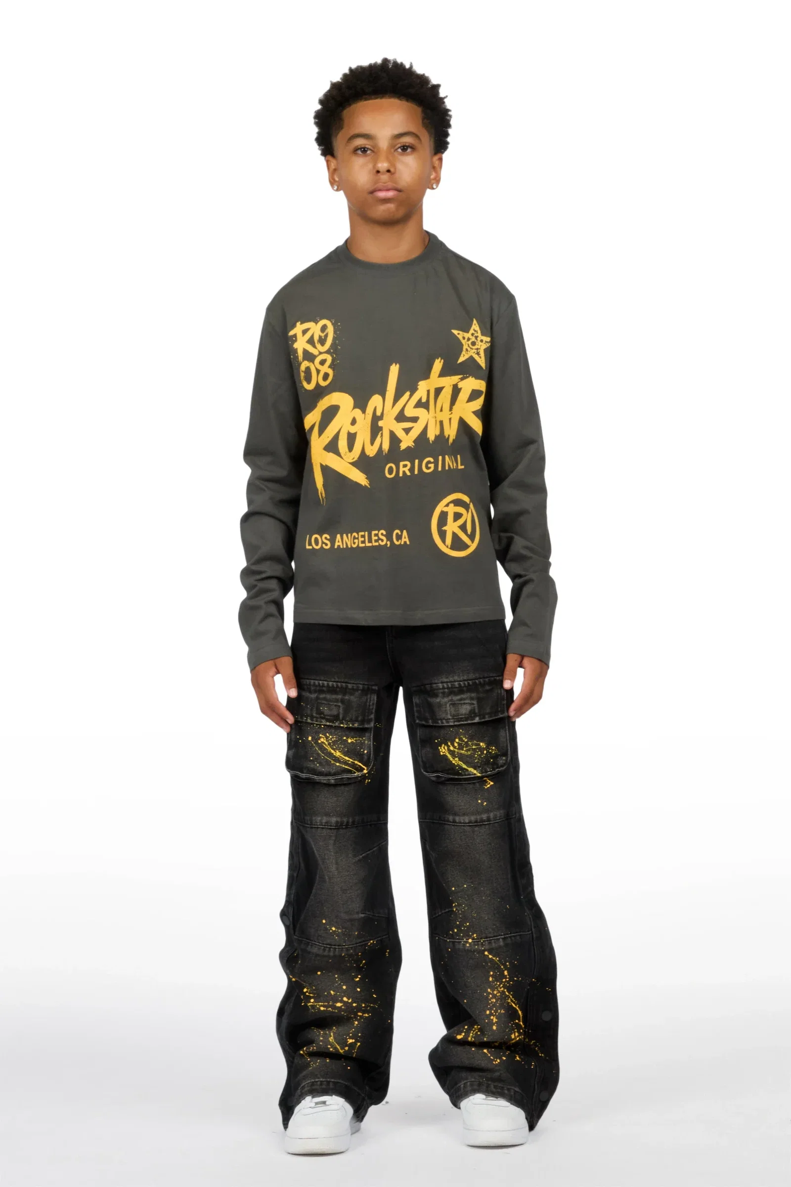 Image of Boys Zeus Charcoal/Dark Grey Long Sleeve T-Shirt Baggy Painter Jean Set