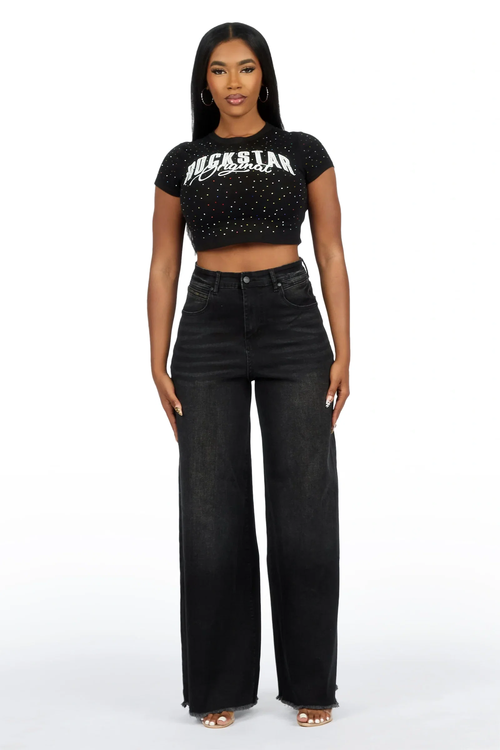 Image of Cegaria Black High Rise Elastic Back Stretch Baggy Jean
